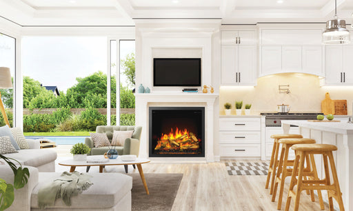 Napoleon Elevation Electric 36" Built-in Fireplace - installed under a TV in a white built-in wall