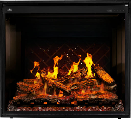 Napoleon Elevation X 36" Electric Fireplace - front view with logs and herringbone panels