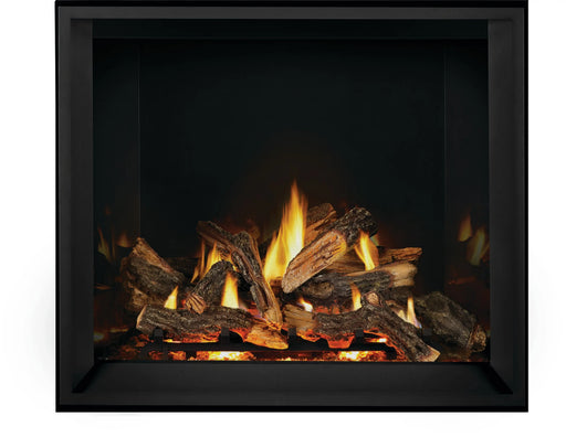 Napoleon Elevation X 42 gas fireplace, front view with oak logs and black safety barrier
