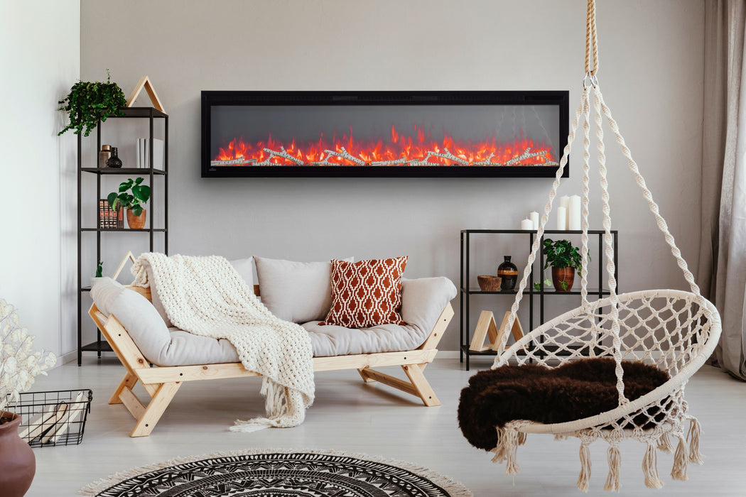 Napoleon Entice Series Wall-Hanging Electric Fireplace - wall mounted above a sofa, wider view