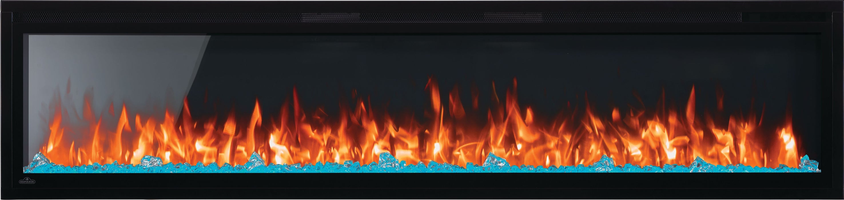 Napoleon Entice Series Wall-Hanging Electric Fireplace - front view with orange flames