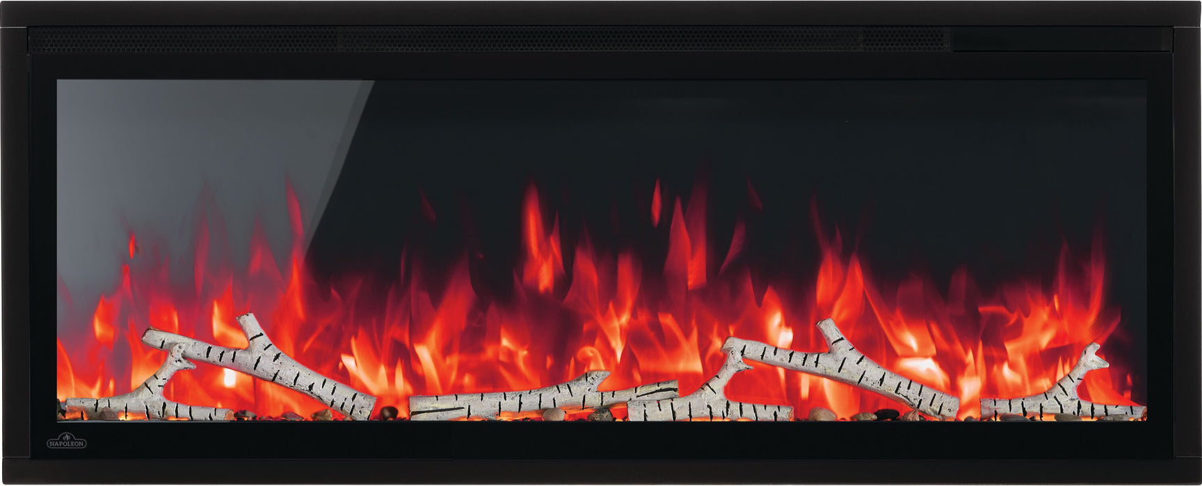 Napoleon Entice Series Wall-Hanging Electric Fireplace - angled front view with birch logs and red flames