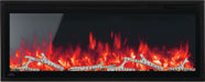 Napoleon Entice Series Wall-Hanging Electric Fireplace - angled front view with birch logs and red flames