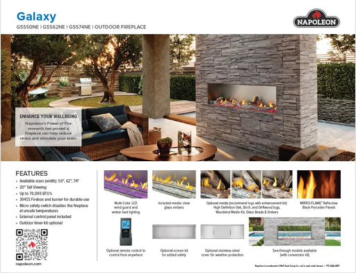 Napoleon Galaxy outdoor gas fireplace product sheet with features