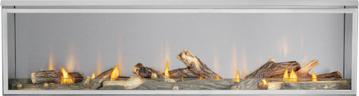 Napoleon Galaxy 74 outdoor gas fireplace, front view with oak logs