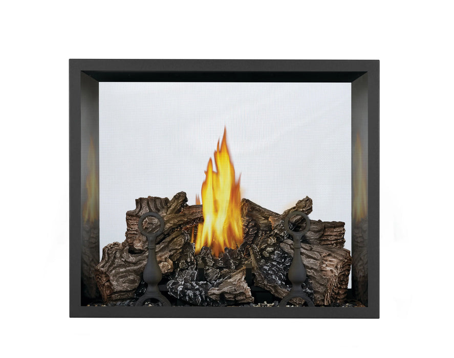 Napoleon High Definition 81 see-through gas fireplace, front view with log set and porcelain panels