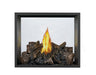 Napoleon High Definition 81 see-through gas fireplace, front view with log set and porcelain panels