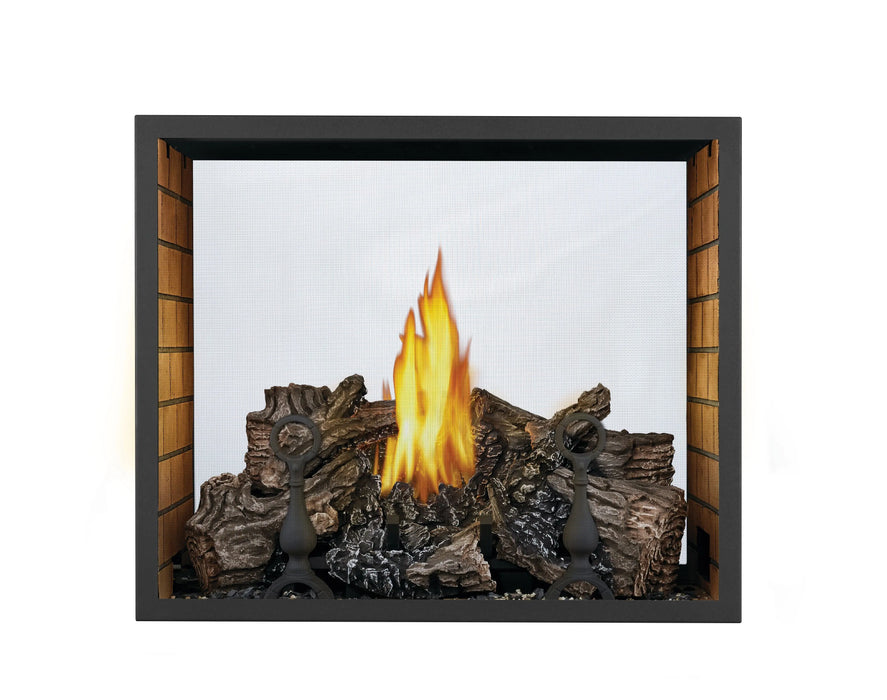 Napoleon High Definition 81 see-through gas fireplace, front view with log set and brick panels