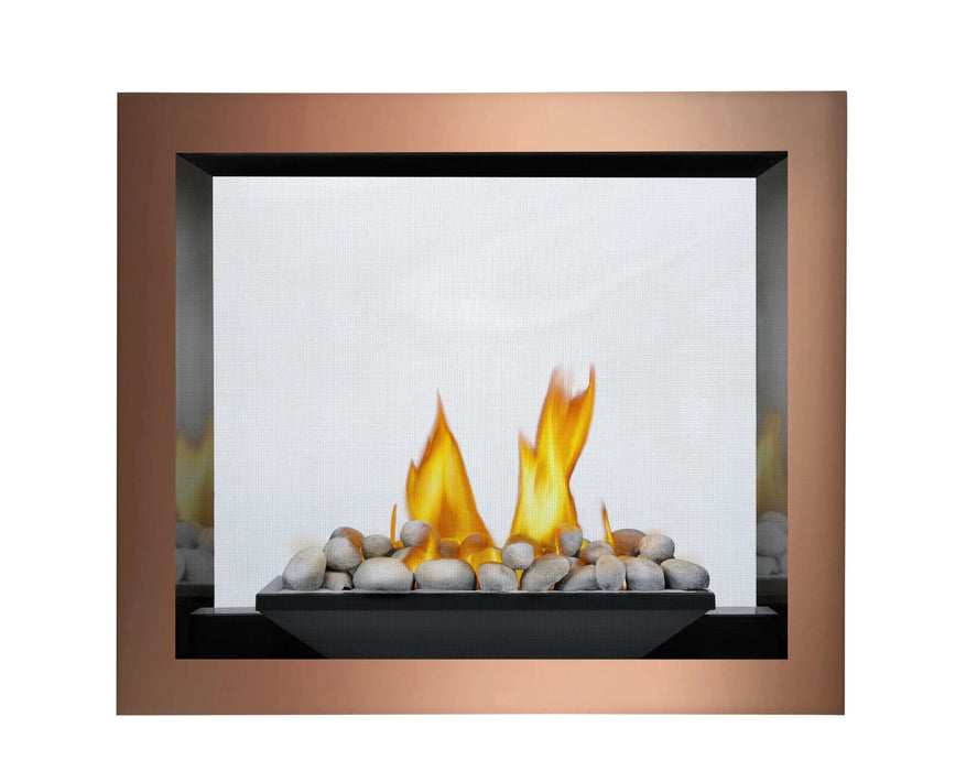 Napoleon High Definition 81 see-through gas fireplace, front view with rock set and copper trim