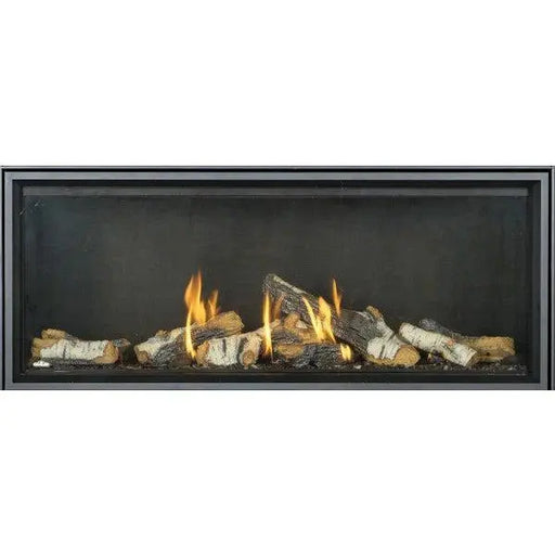 Napoleon linear gas fireplace with birch and driftwood log kit, front view
