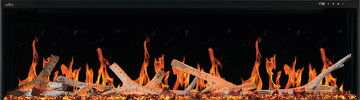 Napoleon Luminex 65 linear electric fireplace, front view with birch logs and black crystals