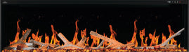 Napoleon Luminex 65 linear electric fireplace, front view with birch logs and black crystals