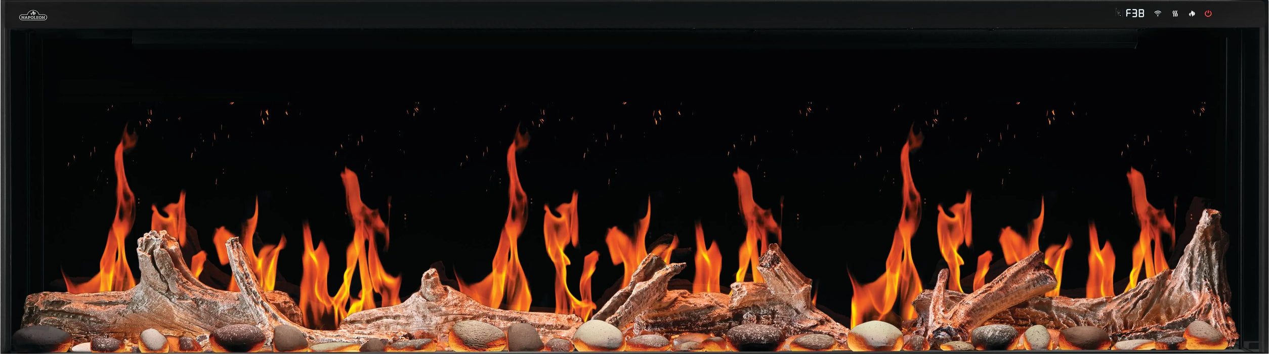 Napoleon Luminex 65 electric fireplace, front view with beach fire logs and mineral rocks, wood flame