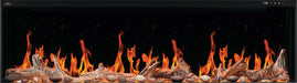 Napoleon Luminex 65 electric fireplace, front view with beach fire logs and mineral rocks, wood flame