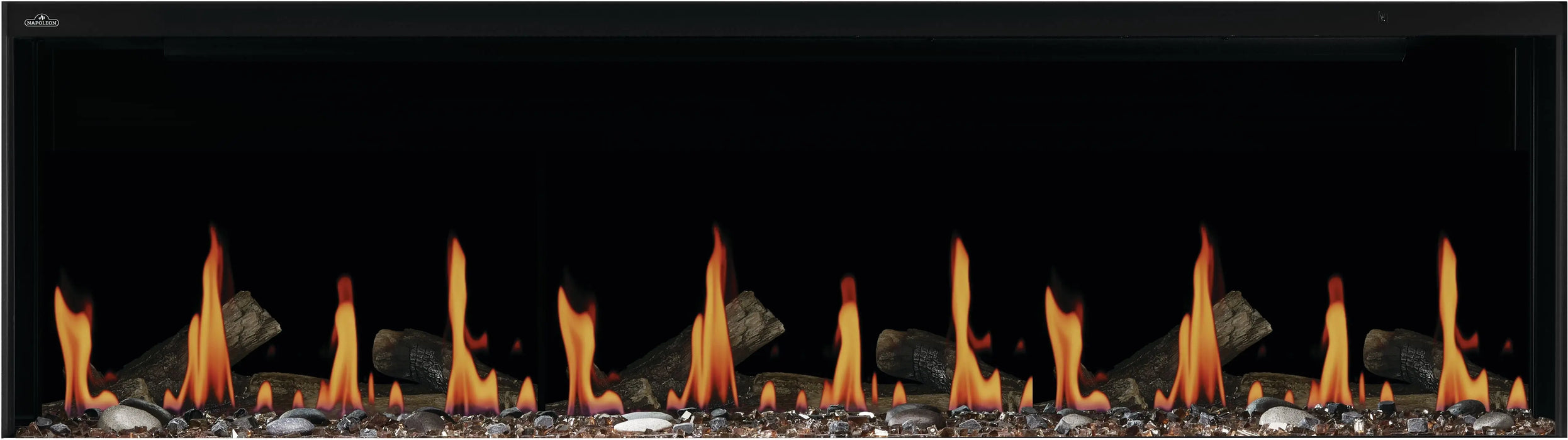 Napoleon Luminex 65 electric fireplace, front view with woodland logs, gas-log flame