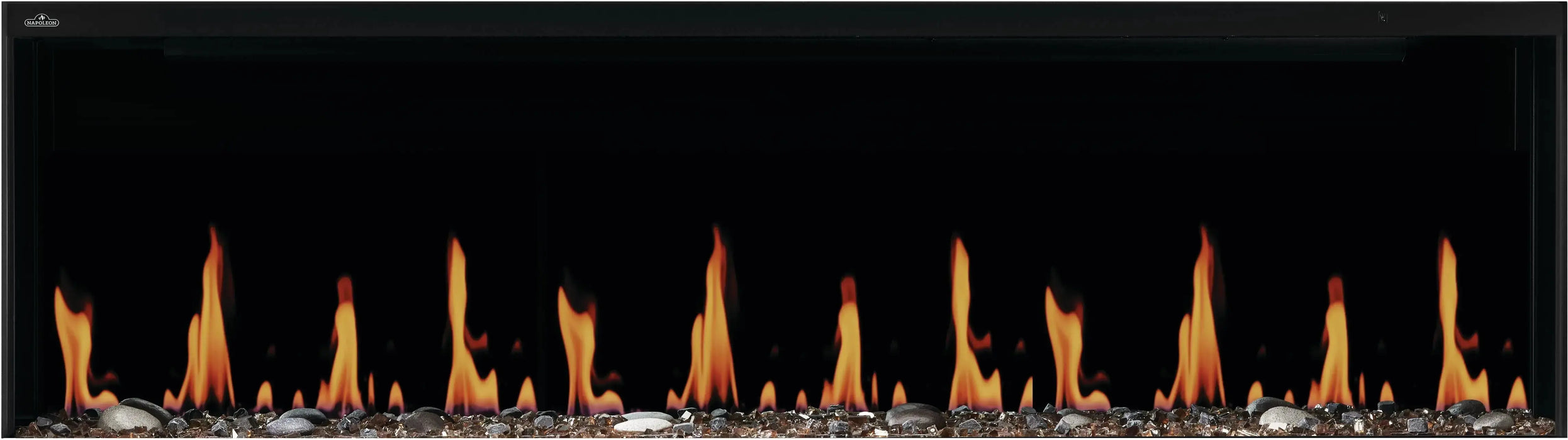 Napoleon Luminex 65 electric fireplace, front view with woodland logs, gas flame