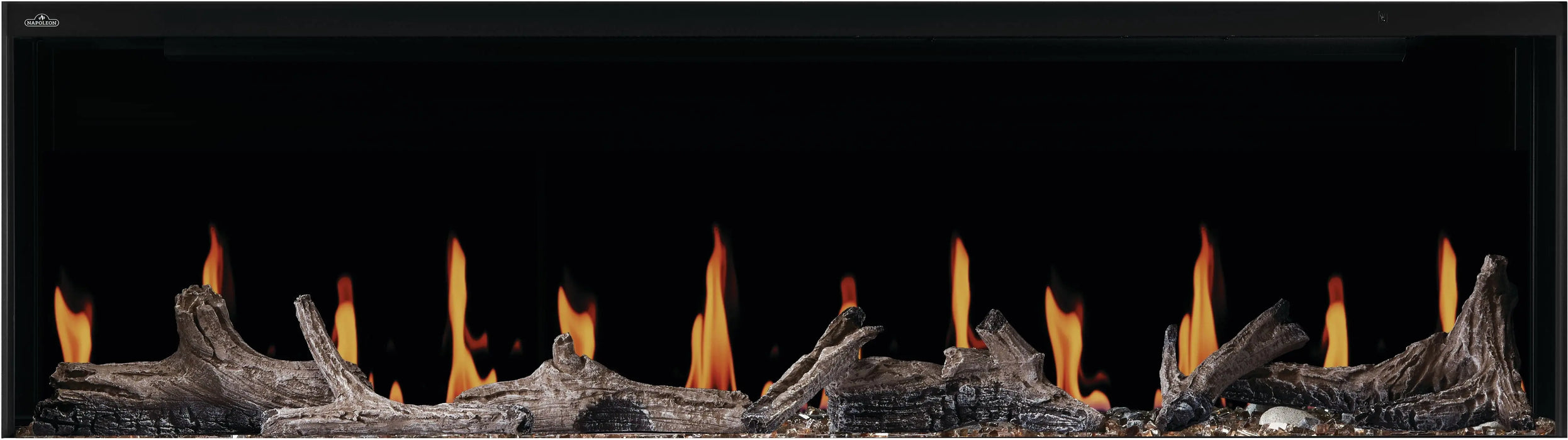 Napoleon Luminex 65 electric fireplace, front view with beach fire logs and woodland logs