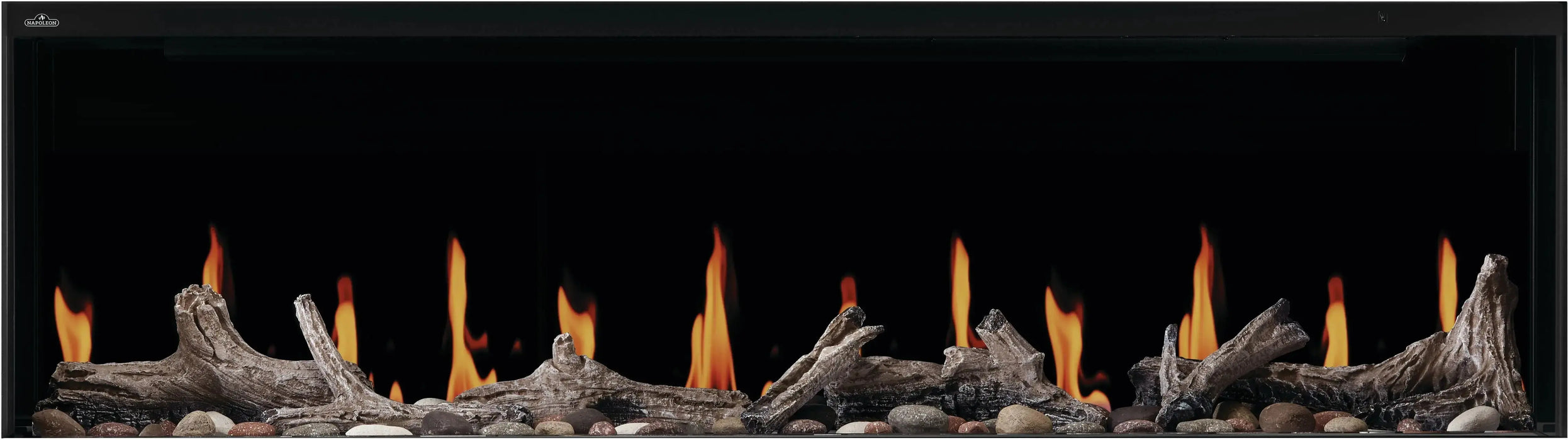 Napoleon Luminex 65 electric fireplace, front view with beach fire logs and mineral rocks, gas flame