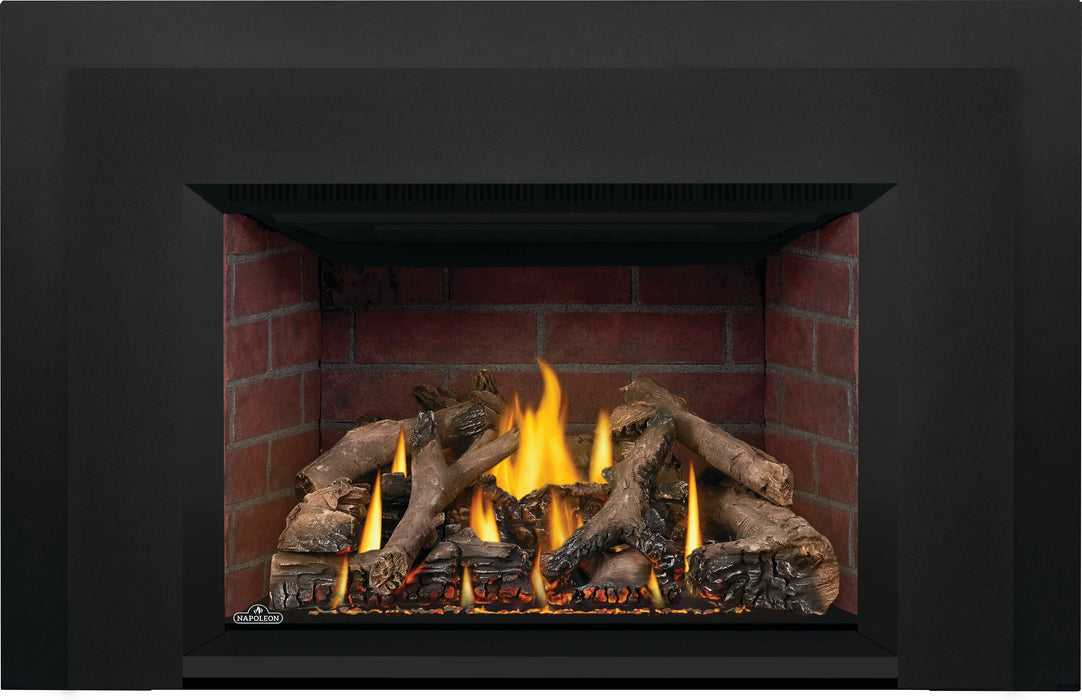 Napoleon Oakville X4 gas fireplace insert, large black face and backer with Old Town brick panels