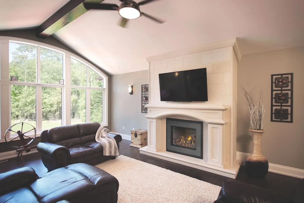 Napoleon Oakville X4 gas fireplace insert below a mantel and TV