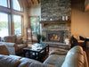 Napoleon Oakville X4 gas fireplace insert in a stone fireplace with driftwood logs