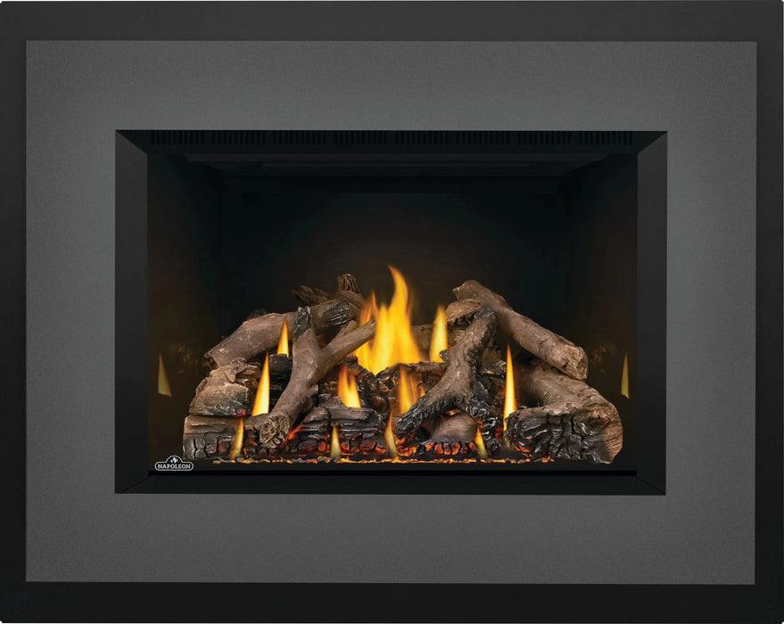 Napoleon Oakville X4 gas fireplace insert, large charcoal face with porcelain reflective panels