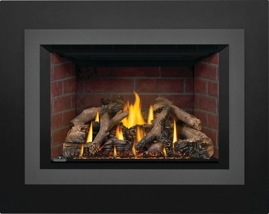 Napoleon Oakville X4 gas fireplace insert, small gunmetal face with Old Town brick panels