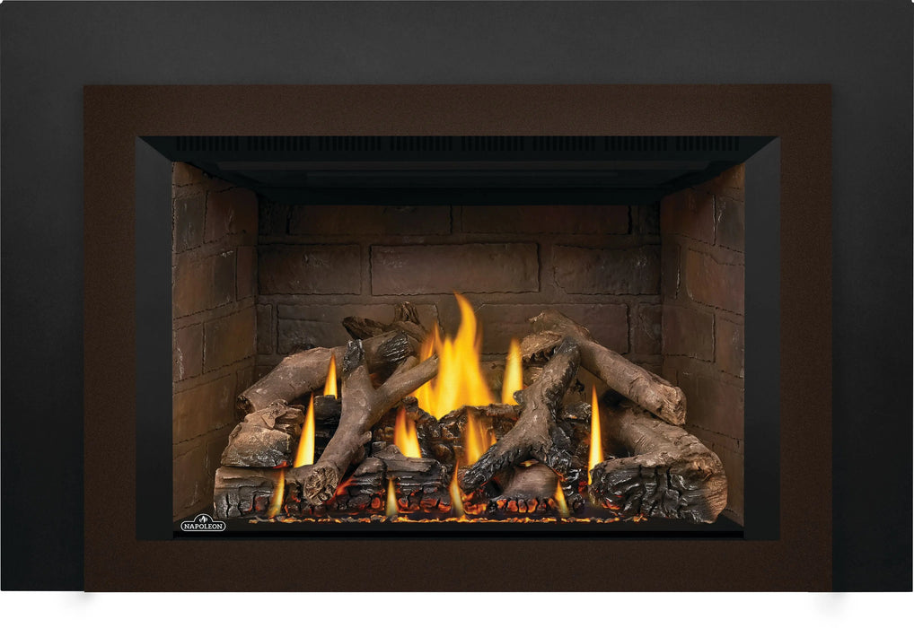 Napoleon Oakville X4 gas fireplace insert, small copper face with Newport panels