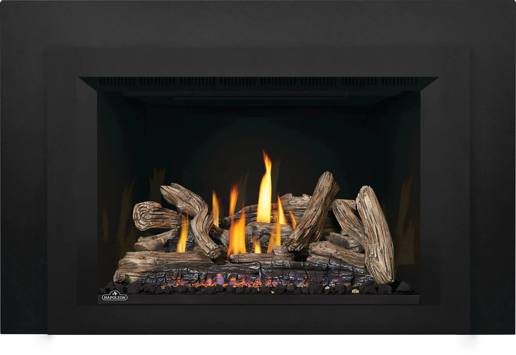 Napoleon Oakville X4 gas fireplace insert, small black face with driftwood logs
