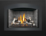 Napoleon Oakville X4 gas fireplace insert, small arched charcoal face with Westminster panels and birch logs
