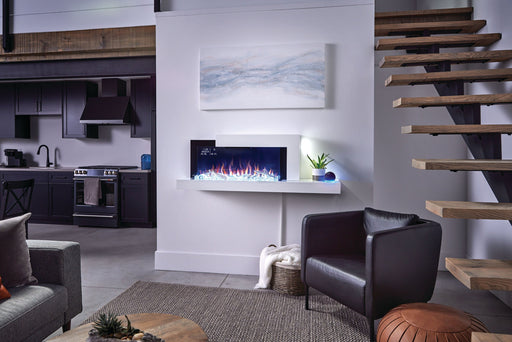 Napoleon Stylus Cara Elite Connected Wall Hanging Electric Fireplace - installed on a white wall with blue and purple flames
