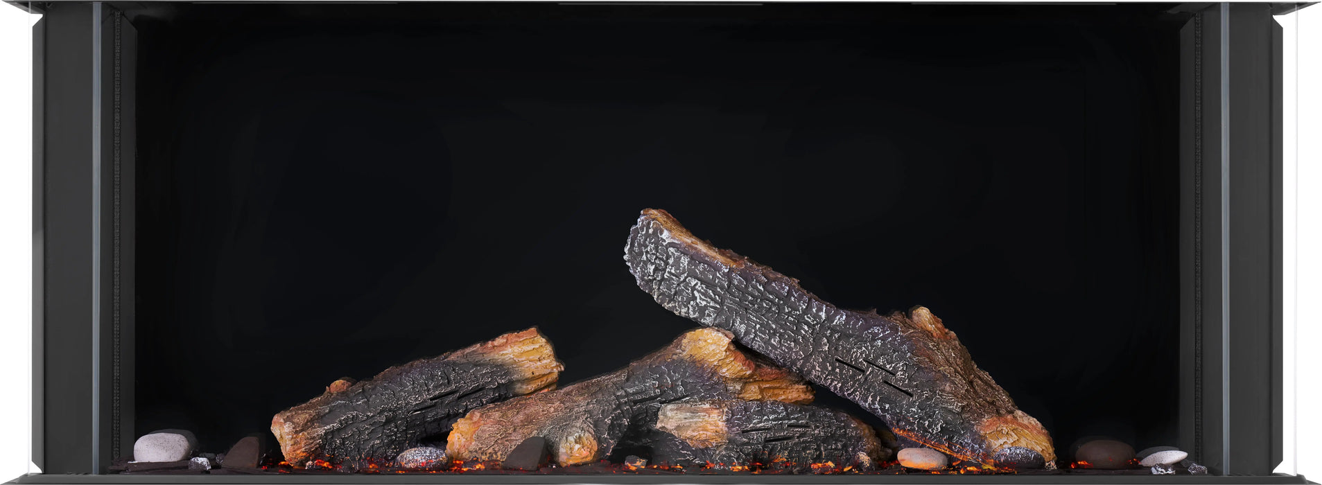 Napoleon Tall Bay Luxuria 50 three-sided gas fireplace, front view with oak logs, flames and ember lighting