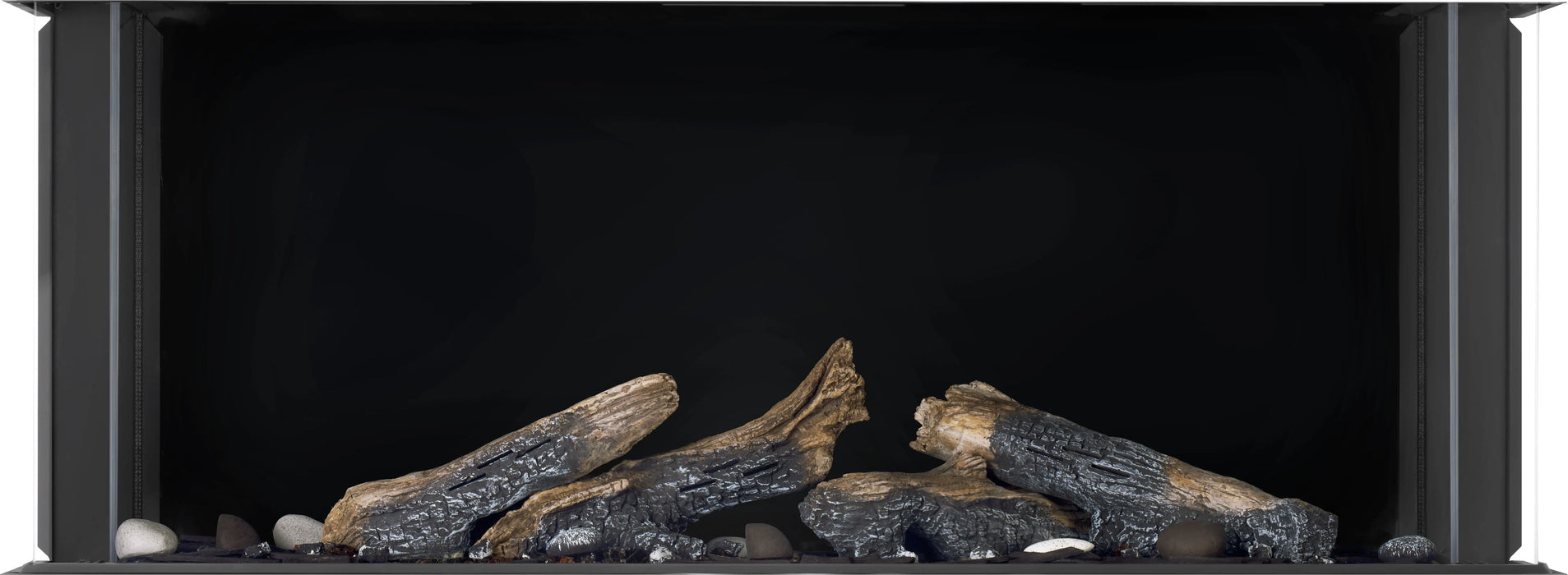 Napoleon Tall Bay Luxuria 50 three-sided gas fireplace, front view with driftwood logs