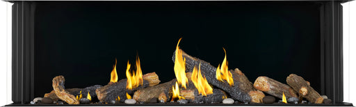 Napoleon Tall Bay Luxuria 62 three-sided gas fireplace, front view with oak logs, flames on