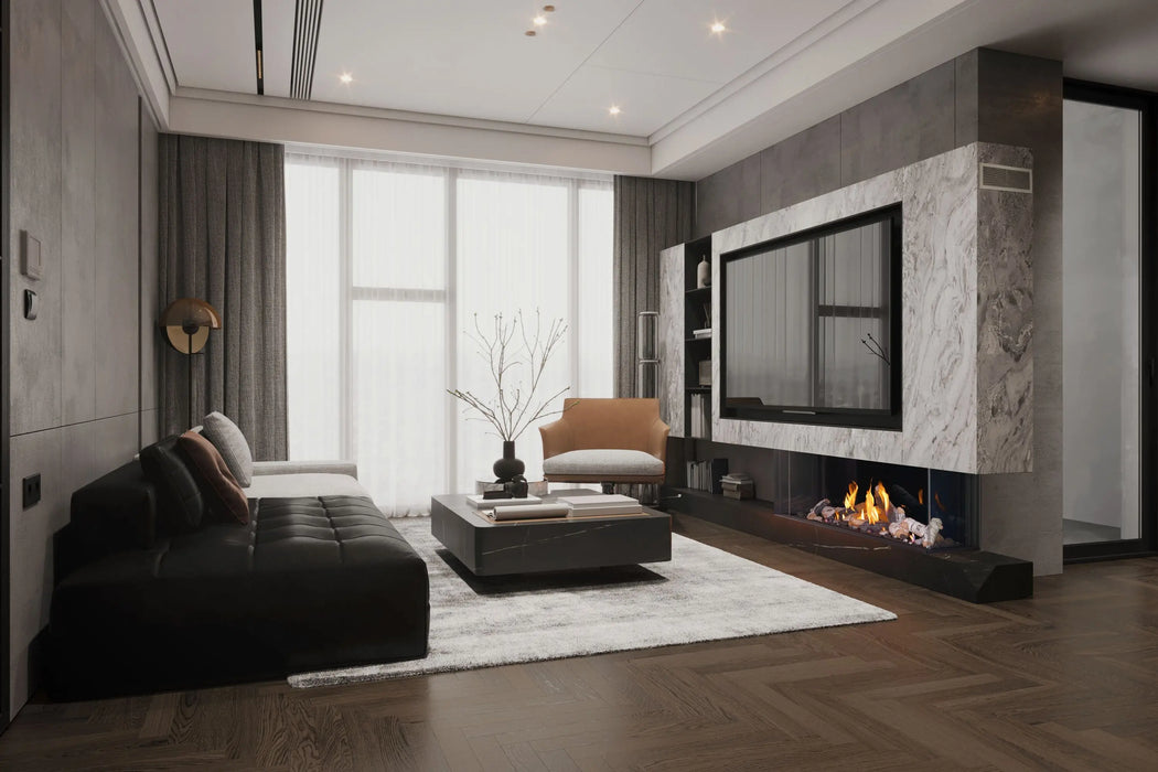 Napoleon Tall Bay Luxuria 62 three-sided gas fireplace in a living room with birch logs