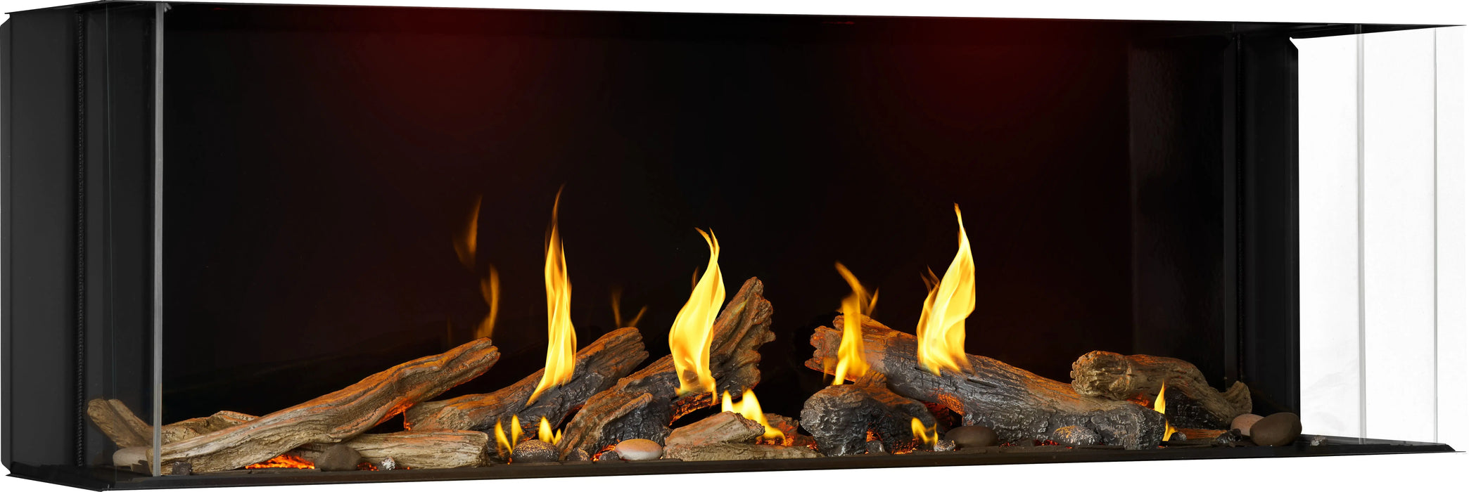 Napoleon Tall Bay Luxuria 62 three-sided gas fireplace, right angled view with driftwood logs
