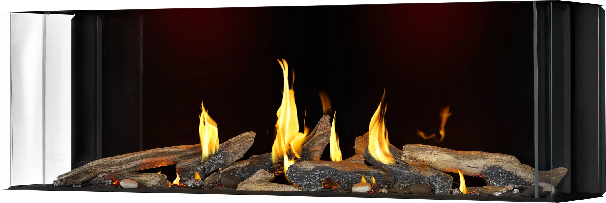Napoleon Tall Bay Luxuria 62 three-sided gas fireplace, left angled view with driftwood logs