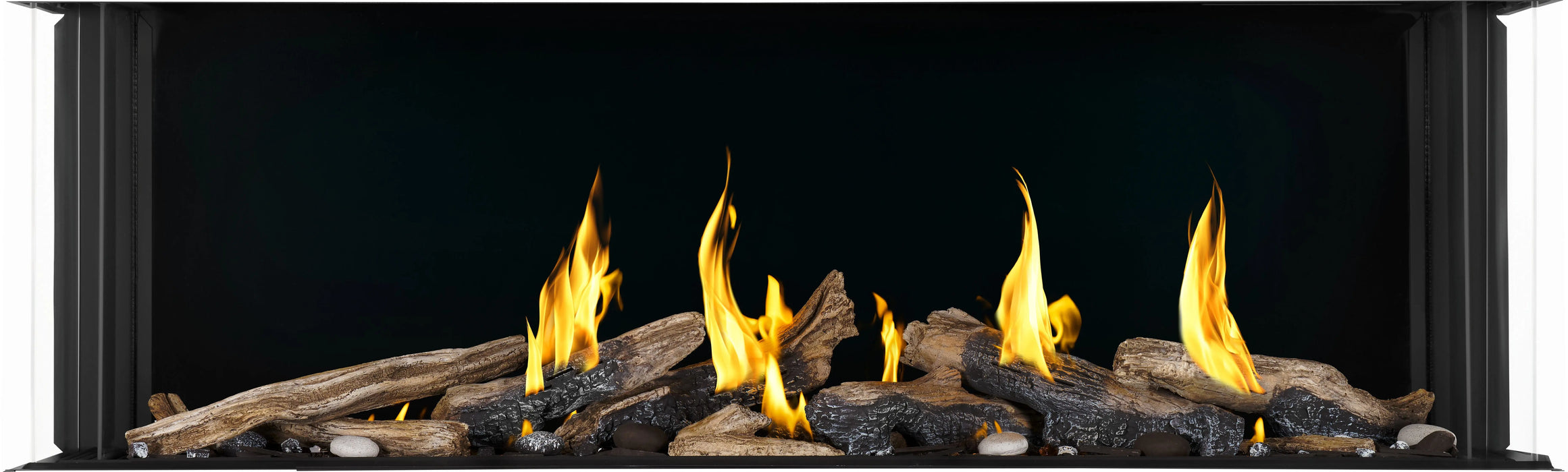 Napoleon Tall Bay Luxuria 62 three-sided gas fireplace, front view with driftwood logs, flames on