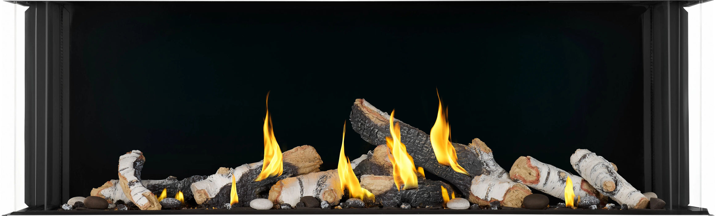 Napoleon Tall Bay Luxuria 62 three-sided gas fireplace, front view with birch logs, flames on