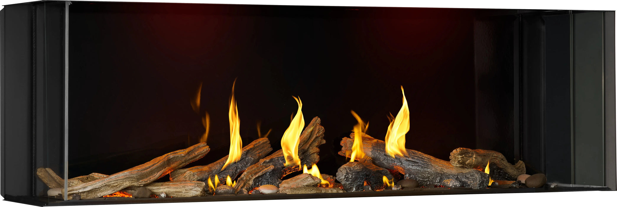 Napoleon Tall Bay Luxuria 62 gas fireplace, corner installation with driftwood logs