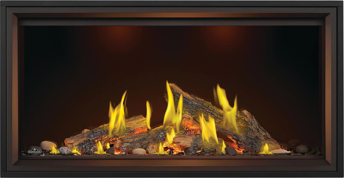 Napoleon Tall Vector 50 gas fireplace with Luminous Logs, front view with oak logs