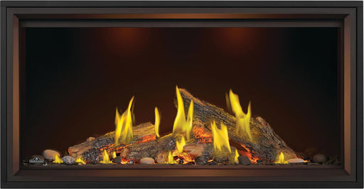 Napoleon Tall Vector 50 gas fireplace with Luminous Logs, front view with oak logs