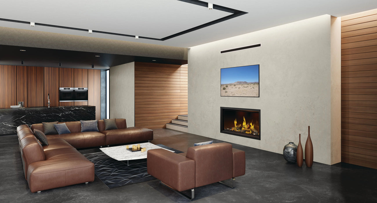 Napoleon Tall Vector 50 gas fireplace with Luminous Logs, installed in a room with driftwood logs