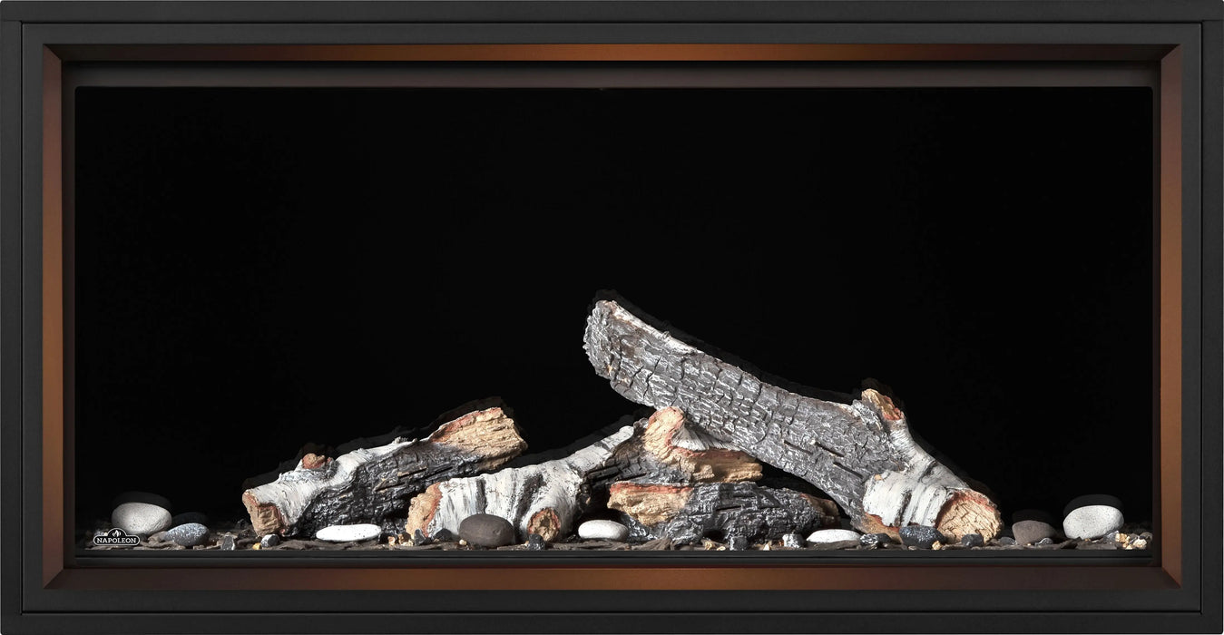Napoleon Tall Vector 50 gas fireplace with Luminous Logs, front view with birch logs