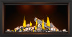Napoleon Tall Vector 50 gas fireplace with Luminous Logs, front view with birch logs, top lights on