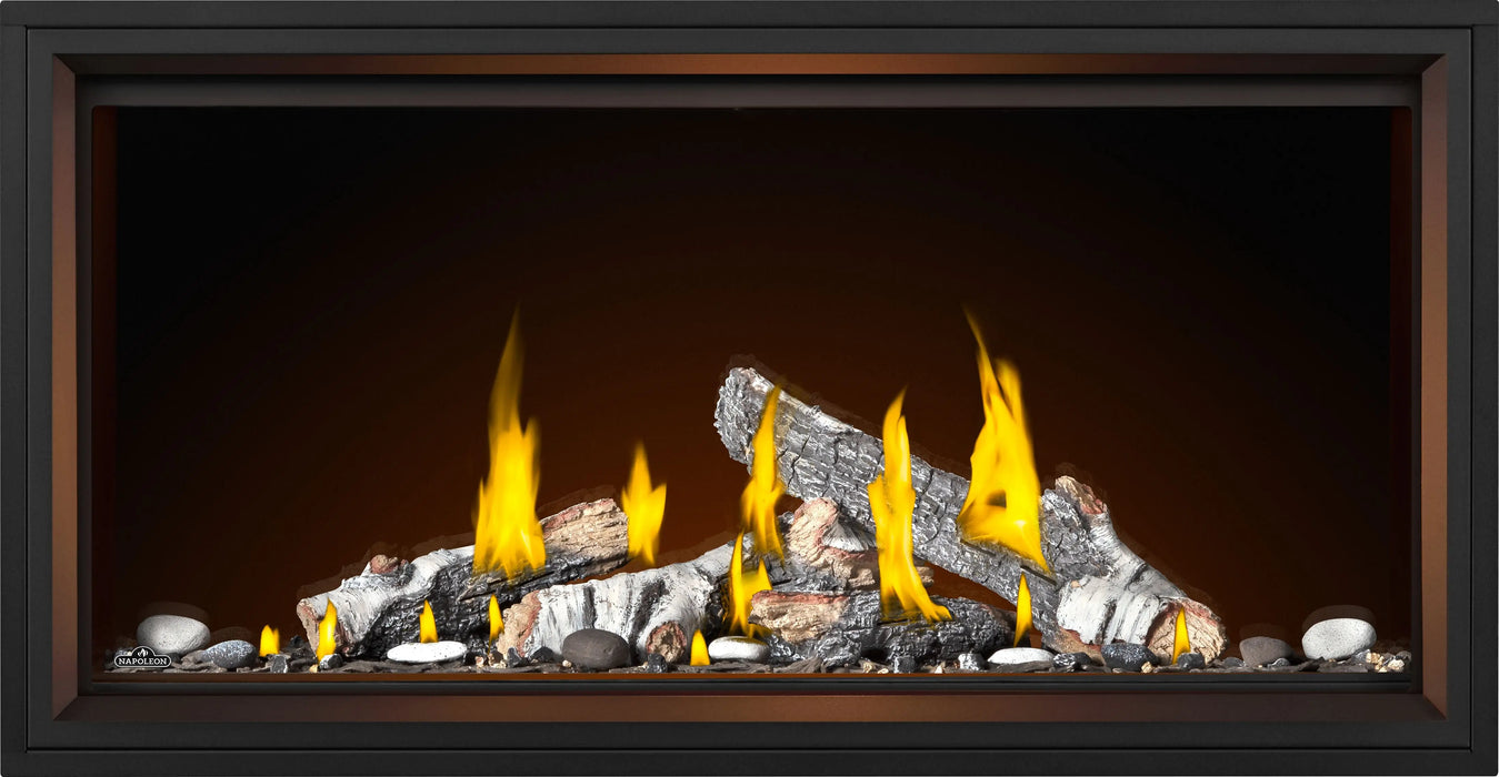 Napoleon Tall Vector 50 gas fireplace with Luminous Logs, front view with birch logs, flames on