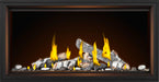 Napoleon Tall Vector 50 gas fireplace with Luminous Logs, front view with birch logs, flames on