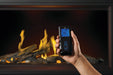 Napoleon Tall Vector Luminous Logs fireplace, remote control in hand