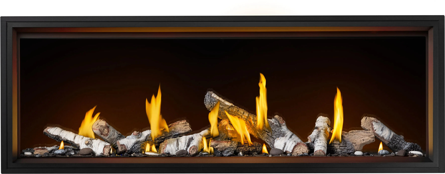 Napoleon Tall Vector 74 gas fireplace with Luminous Logs, front view with birch logs, flames on