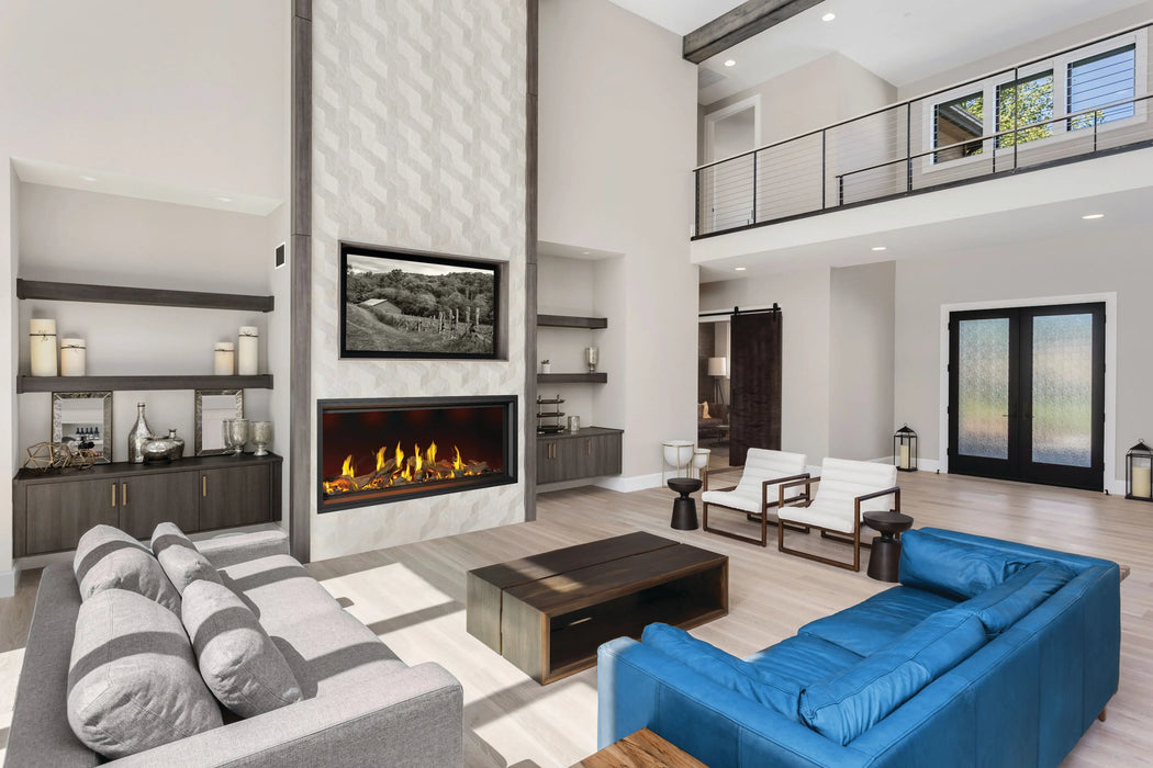 Napoleon Tall Vector 74 gas fireplace with Luminous Logs, in a living room with driftwood logs